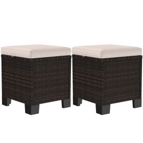 Outsunny 2 Pieces Rattan Ottoman Footrest & Side Table Cream