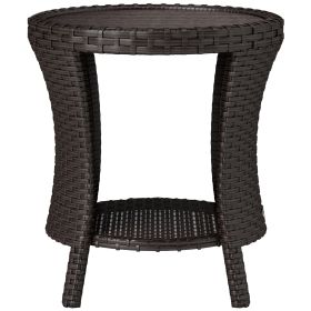 Rattan Patio Side Table with 2-Tier Storage, Composite Wood Top, Mixed Brown
