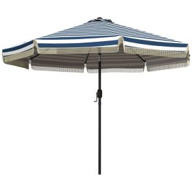 Garden Umbrella: 9ft, Blue Stripe with Tilt Crank and Ruffled Design