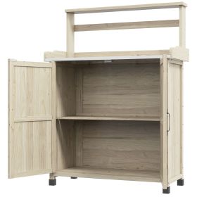 Garden Potting Bench with Storage & Shelves, Natural Finish, Galvanized Tabletop, Rubber Foot Covers for Stability