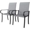 Set of 2 Outdoor Wicker Dining Chairs with Armrest, Steel Frame, High Back and Deep Seating, Gray