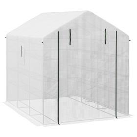 Spacious Portable Greenhouse with Mesh Door, Shelves, and Plant Labels - 8x6 ft, White