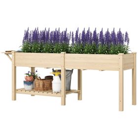 Outsunny Wood Raised Garden Box, Elevated Garden Bed with Side Table, Bottom Shelf, Bed Liners and Drainage Holes, Natural