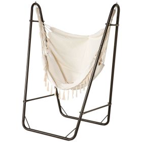 Lounge Hammock Chair with Curved Stand & Storage, Two-Tone Cream & Brown|