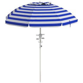 Adjustable Beach Sunshade, Cup Holders, Hook, Vent, Ruffles, Blue-White Stripes