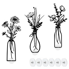 3-Piece Metal Vase Floral Wall Art Black Minimalist
