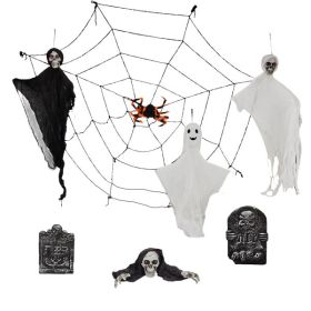 Outdoor Halloween Decorations 8-Piece Set Ghosts  Cobweb Gravestone with Lighted Up Eyes