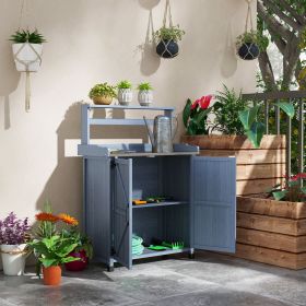 Wooden Potting Bench with Storage Cabinet Galvanized Top Gray