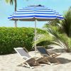 Adjustable Beach Sunshade, Cup Holders, Hook, Vent, Ruffles, Blue-White Stripes