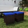 2 Pieces Wicker Outdoor Ottomans with Cushions, Rattan Ottoman Footrest & Side Table for Patio Yard Poolside, Dark Blue