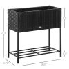 Elevated Metal Garden Bed with Rattan Look and Tool Storage, Black