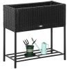 Elevated Metal Garden Bed with Rattan Look and Tool Storage, Modern Design, Black