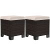 2 Pieces Wicker Outdoor Ottomans with Cushions, Rattan Ottoman Footrest & Side Table for Patio Yard Poolside, Cream