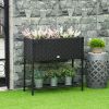 Elevated Metal Garden Bed with Rattan Look and Tool Storage, Black