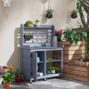 Wooden Potting Bench for Outdoor Use, Gray with Aluminum Table Top, Storage for Garden Tools & Plants